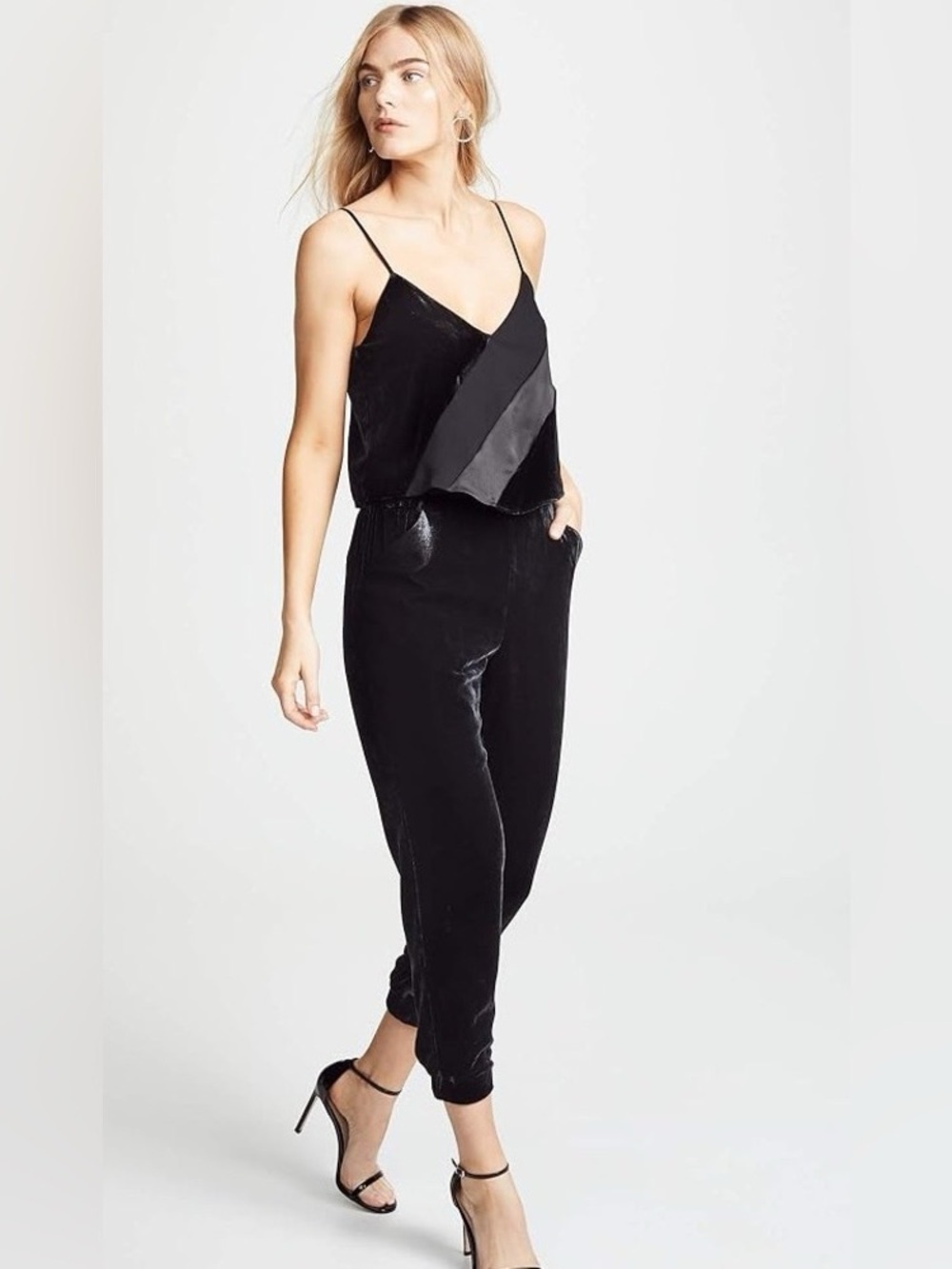Parker Frida Combo Velvet V-Neck Jumpsuit Black Crop Adjustable Spaghetti Strap4